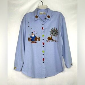 Falls Creek VTG Embroidered‎ Jean Shirt Light Blue Chambray Fall Scarecrow Sz M